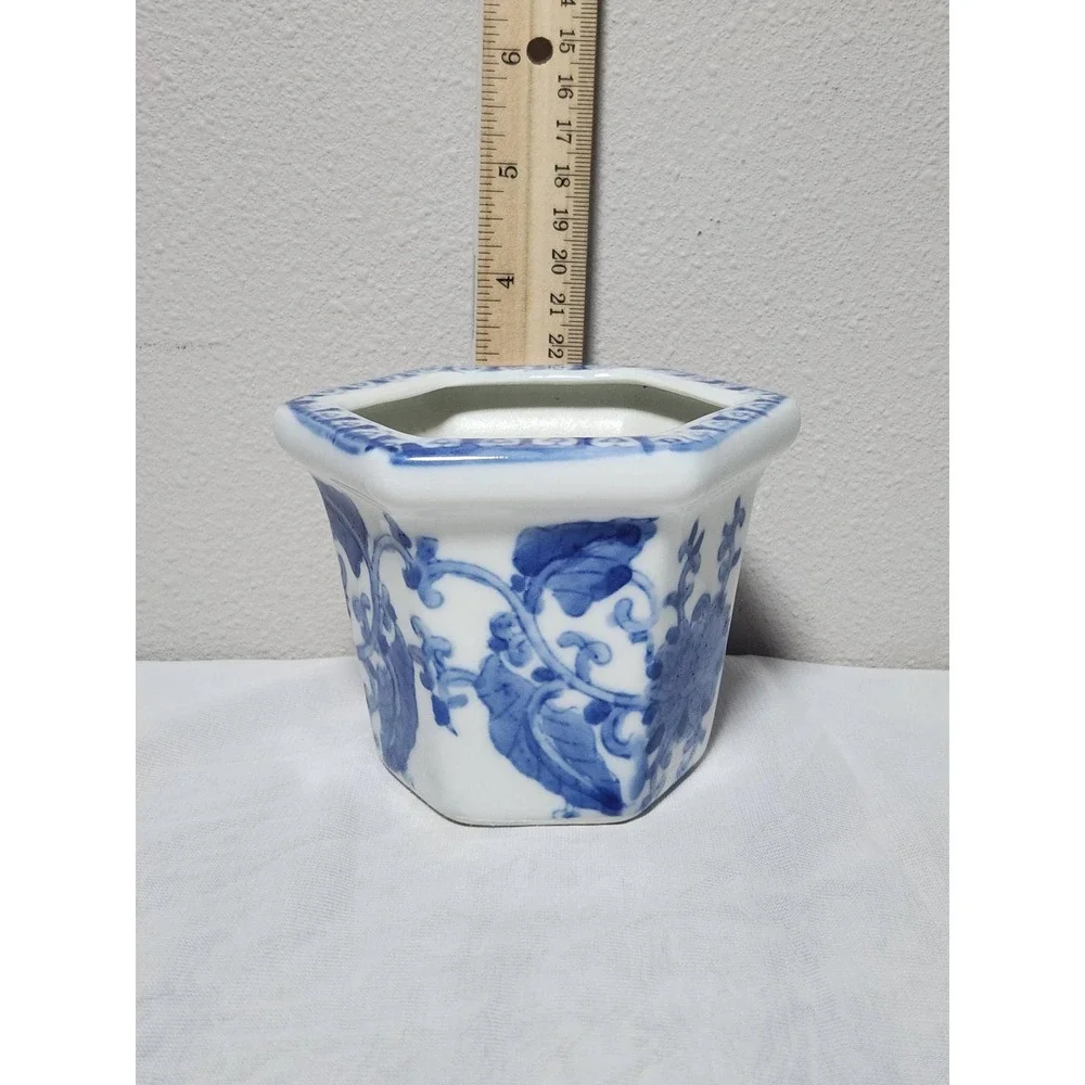 Blue and White Ceramic Hexagonal Planter Floral Chinoiserie Mini Succulent Pot